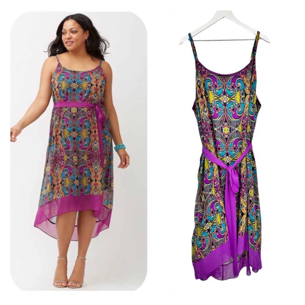 Lane Bryant Paisley Spaghetti Strap Dress High Low Hem Purple Size 22 24